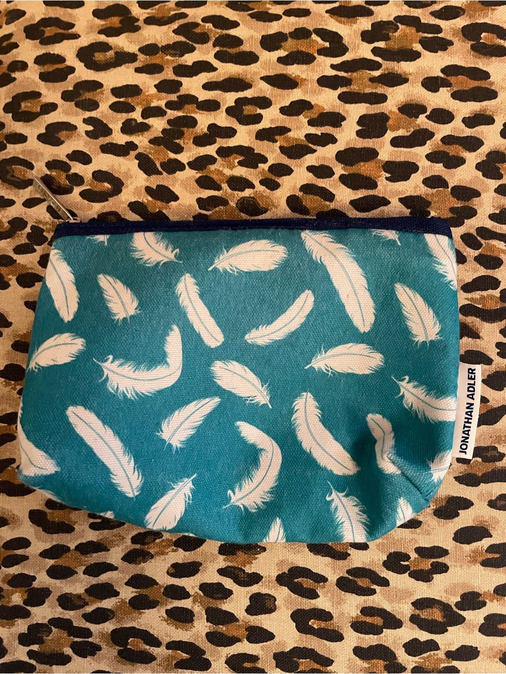 Jonathan Adler Teal and White Feather Print Pouch with zip 8.5 x 7”